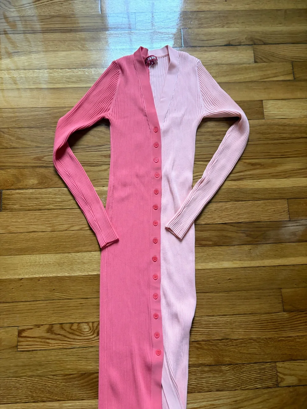 STAUD Two-Tone Ribbed Button-Front Midi Dress in Orange & Pink - Picture 4 of 5